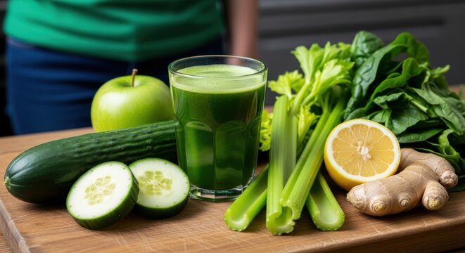 Green smoothie with fresh vegetables and fruits healthy detox drink for diet and nutrition on a wooden board
