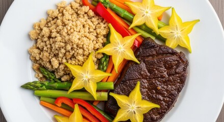Grilled steak with star fruit asparagus and quinoa a healthy and colorful dish served on a white plate