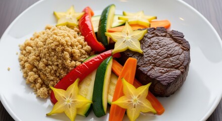 Gourmet steak dinner with star fruit garnish served with vegetables and couscous on a white plate a healthy and delicious meal