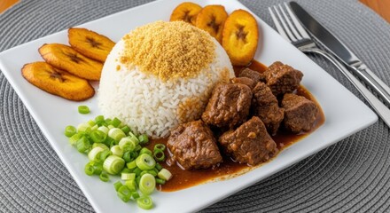 Delicious Dominican food featuring rice stewed beef fried plantains and green onions a traditional and flavorful Caribbean dish served on a white plate