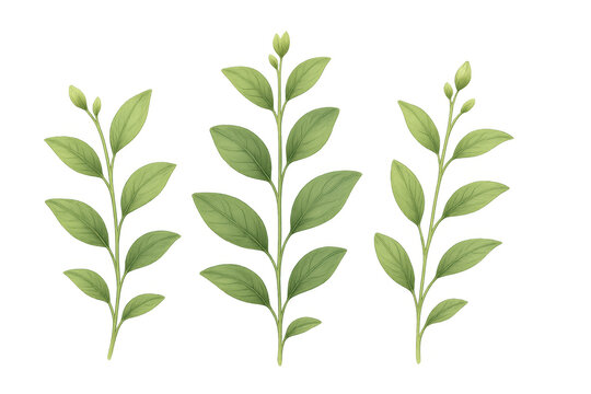 Green botanical sprigs with fresh leaves and budding flowers, a watercolor illustration on transparent background