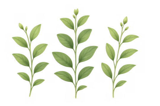 Green botanical sprigs with fresh leaves and budding flowers, a watercolor illustration on transparent background