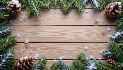 A wooden background framed with pine branches and pine cones. Snow-like decorations scattered around. Ideal for New Year and Christmas themes.