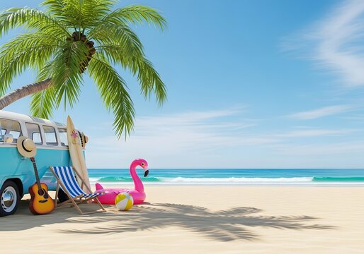 Summer Beach Vacation Scene with Vintage Camper Van and Pink Flamingo Float Tropical Travel - Powered by Adobe