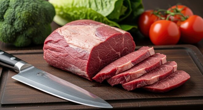 Raw beef roast sliced on a cutting board with fresh vegetables prepared for cooking a healthy meal