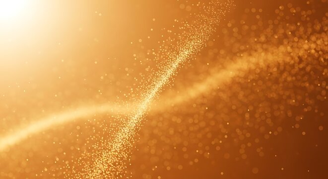 A warm, golden-orange abstract background featuring a swirling trail of shimmering light particles and glittering bokeh, conveying luxury, energy, and digital flow. - Powered by Adobe