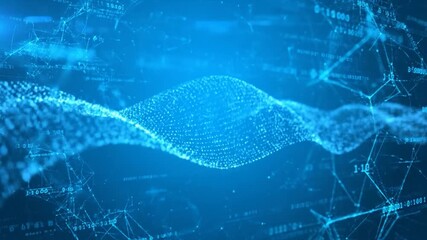 A blue, abstract digital landscape featuring data streams, nodes, and binary code - Powered by Adobe