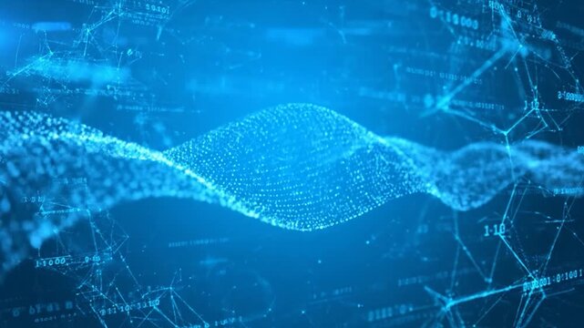A blue, abstract digital landscape featuring data streams, nodes, and binary code