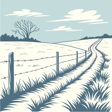 A winding dirt road through a field with a barbed wire fence