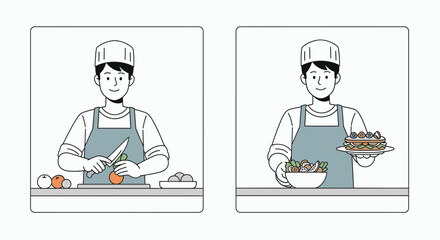 A chef preparing and presenting food, showcasing culinary skills in two panels.