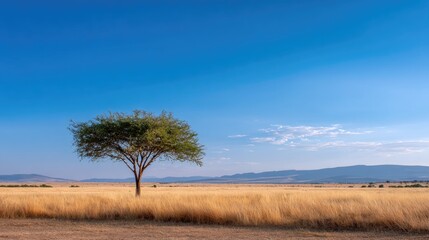 Tranquil Landscape of Golden Grasslands Under Blue Sky with Lone Tree on Horizon in African Savannah Setting