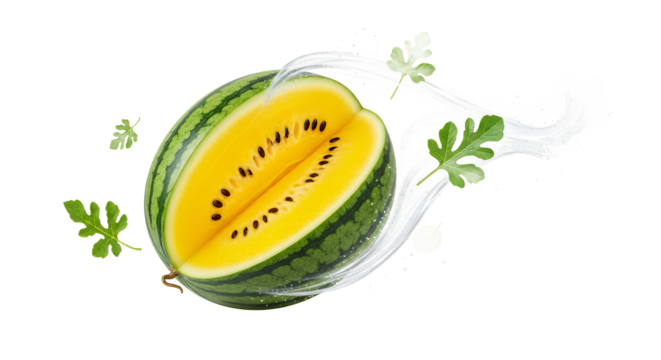 Fresh yellow watermelon, cut to show golden flesh and black seeds, with green leaves and a dynamic swirl on a pure white background, evoking healthy summer refreshment - Powered by Adobe