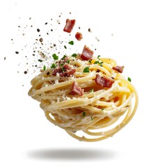A swirling clump of Carbonara pasta, topped with bacon and pepper, floating against white.
