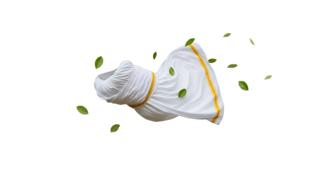 Dynamic studio shot of a clean white twisted textile, surrounded by fresh green foliage, evoking purity, hygiene, and an invigorating natural aroma