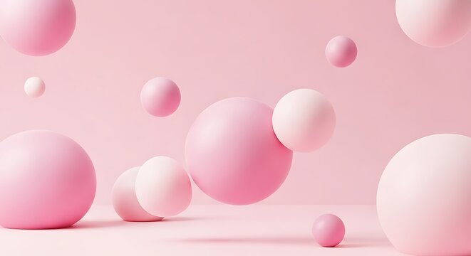 A cheerful and minimalist 3D abstract background featuring multiple floating and resting spheres in various shades of soft pink and white against a light pink backdrop.