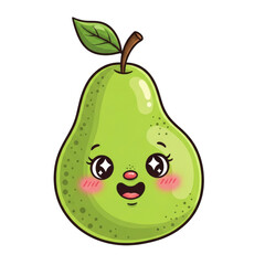 Watercolor Kawaii green pear with happy face isolated on a transparent background