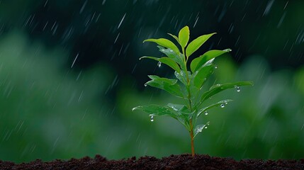 New life emerging in rain, fresh green leaves glistening with droplets, symbol of hope and growth in nature, active ecosystem in vibrant environment