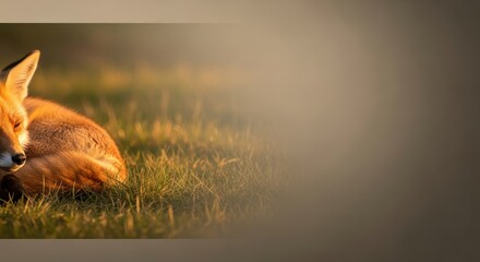 Restful fox amidst soft golden light on a meadow, serene wildlife capture