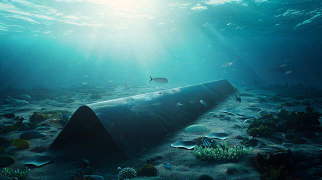 Underwater scene featuring a large triangular structure resting on the ocean floor with marine life around
