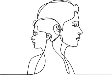 Minimalist single line drawing of two faces parent and child concept