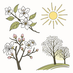 Obraz premium Illustration of spring season with flowers, trees, and sun isolated on