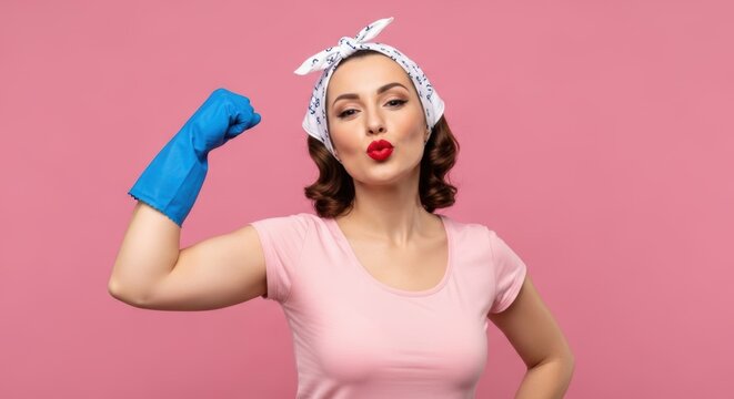 Confident woman ready for housework flexing bicep wearing rubber glove and headscarf against pink background representing empowerment