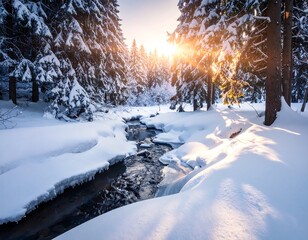 Sunny winter landscape, river flows through snowy forest with fir trees