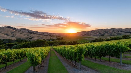 Naklejka premium Scenic Vineyard Landscape at Sunset with Lush Green Grapevines in Serene Countryside Hills and Vibrant Sky Overlooking Rolling Terrain