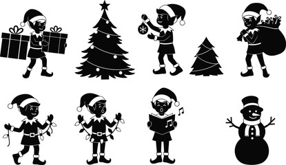 Carrying Presents, Decorating Tree, Caroling, Holding Lights, and Snowman, Representing Holiday Preparation and Winter Fun.