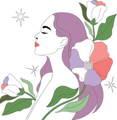 Abstract line art portrait of woman adorned with floral elements design