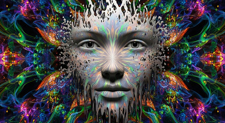 Visionary portrait of a woman's face emerging from a vibrant, melting landscape of psychedelic patterns and fractal light, symbolizing consciousness and artistic expression