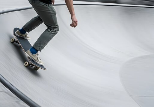 Skateboarder Riding Concrete Ramp in Skate Park Extreme Sport and Urban Action