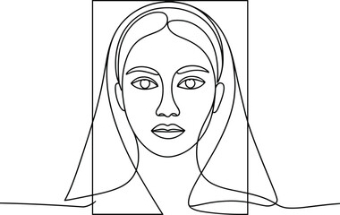 Woman face one line drawing with hair in rectangular frame