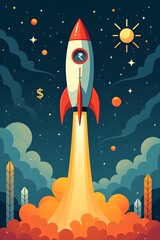 AI Generative. Startup Rocket with Dollar Symbol Accelerating Towards Financial Success. 1