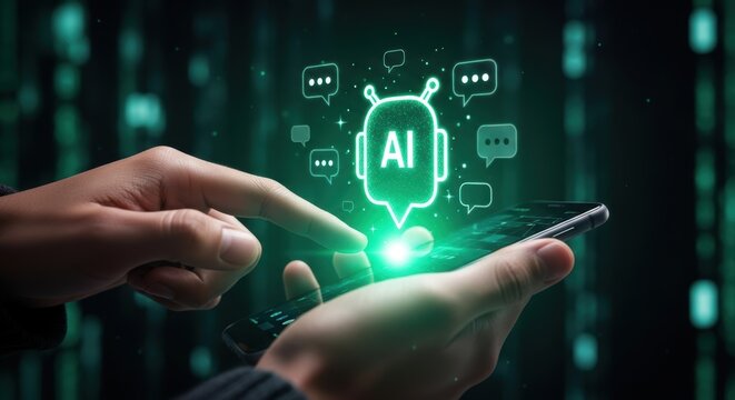 Person interacts with glowing digital artificial intelligence interface on smartphone connecting for data analysis and innovative communication - Powered by Adobe