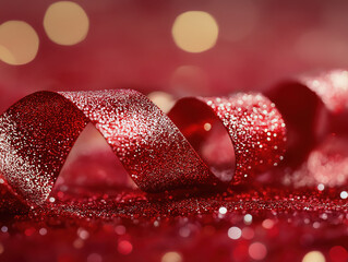 Red glitter ribbon festive decoration sparkling background close up holiday celebration shiny texture elegant and joyful mood bokeh lights macro photography vibrant color