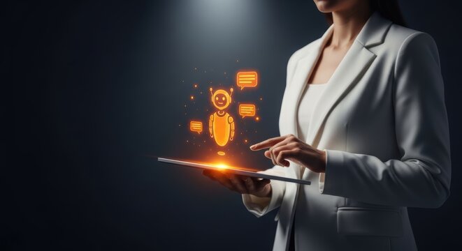 Woman interacts with digital assistant hologram on tablet using technology for modern communication and interactive customer service - Powered by Adobe