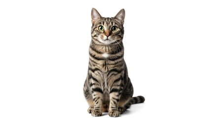 Adorable tabby cat posing with captivating green eyes on clean white background