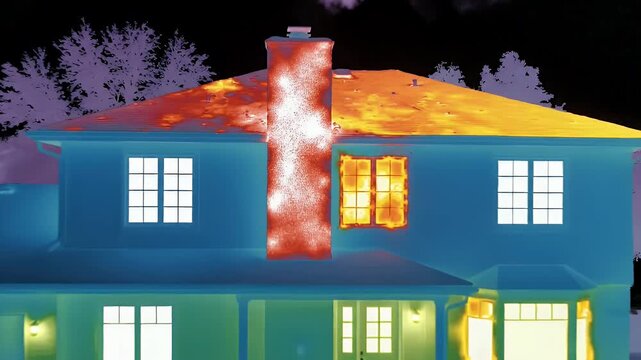 Thermal imaging shows heat loss from house roof and chimney