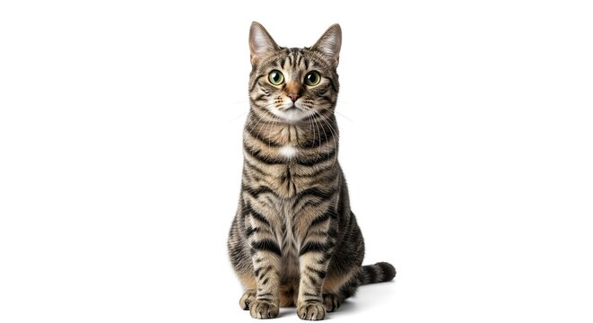 Adorable tabby cat posing with captivating green eyes on clean white background