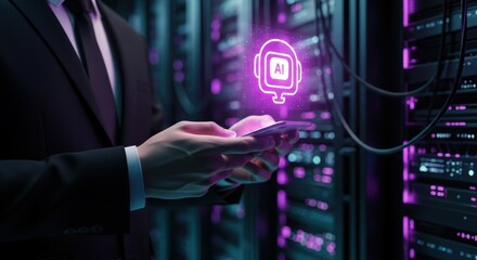 Person uses a mobile device with artificial intelligence hologram in front of data servers in a modern server room for neural network processing