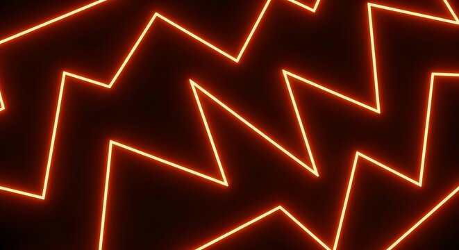 A dynamic, dark abstract background featuring bold, glowing orange neon lines forming a continuous zigzag or lightning pattern, capturing a vibrant, retro-futuristic, or energetic aesthetic.