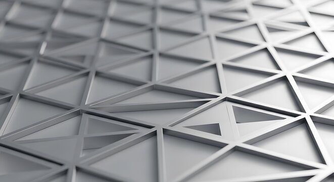 A sharp, close-up abstract of a metallic, geometric grid structure composed of interlocking triangles, creating a complex, modern architectural or technological background with selective depth of fiel