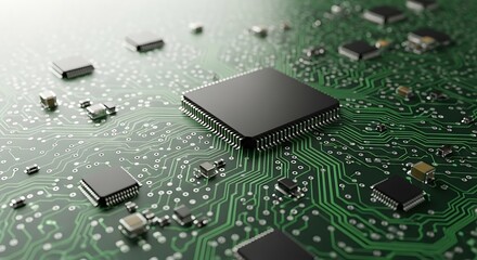 A macro-level view of a complex green circuit board (PCB), featuring a central black microchip (IC) and numerous surface-mounted electronic components, symbolizing digital technology and processing.