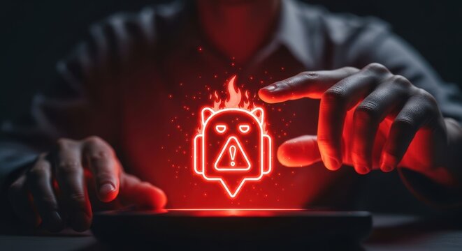 Hacker activating a digital threat on a device with glowing red warning icon symbolizing security breach malware or virus - Powered by Adobe