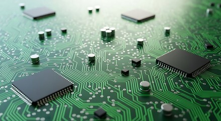 A detailed, low-angle macro shot of a green printed circuit board (PCB) filled with interconnected pathways and multiple black microchips, symbolizing advanced digital technology and computing.