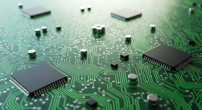 A detailed, low-angle macro shot of a green printed circuit board (PCB) filled with interconnected pathways and multiple black microchips, symbolizing advanced digital technology and computing.
