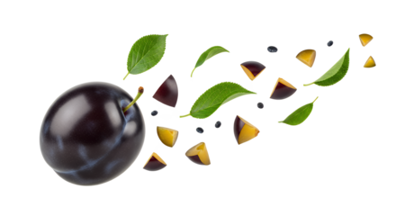 Fresh Plums, Sliced and Whole, Scattered with Leaves on a White Background