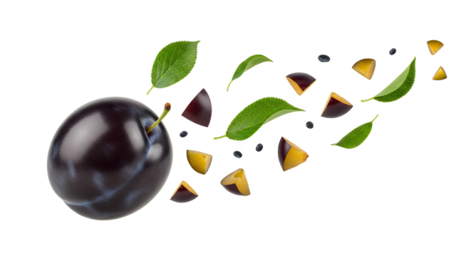 Fresh Plums, Sliced and Whole, Scattered with Leaves on a White Background