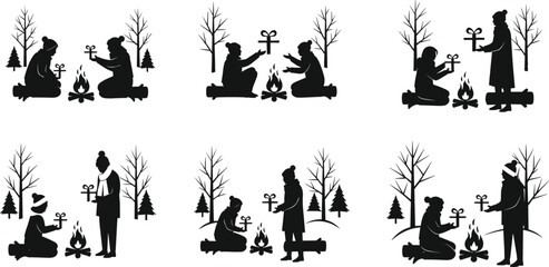 Figures by Campfire and Bare Trees, Representing Cozy Holiday Celebrations, Friendship, and Outdoor Moments.